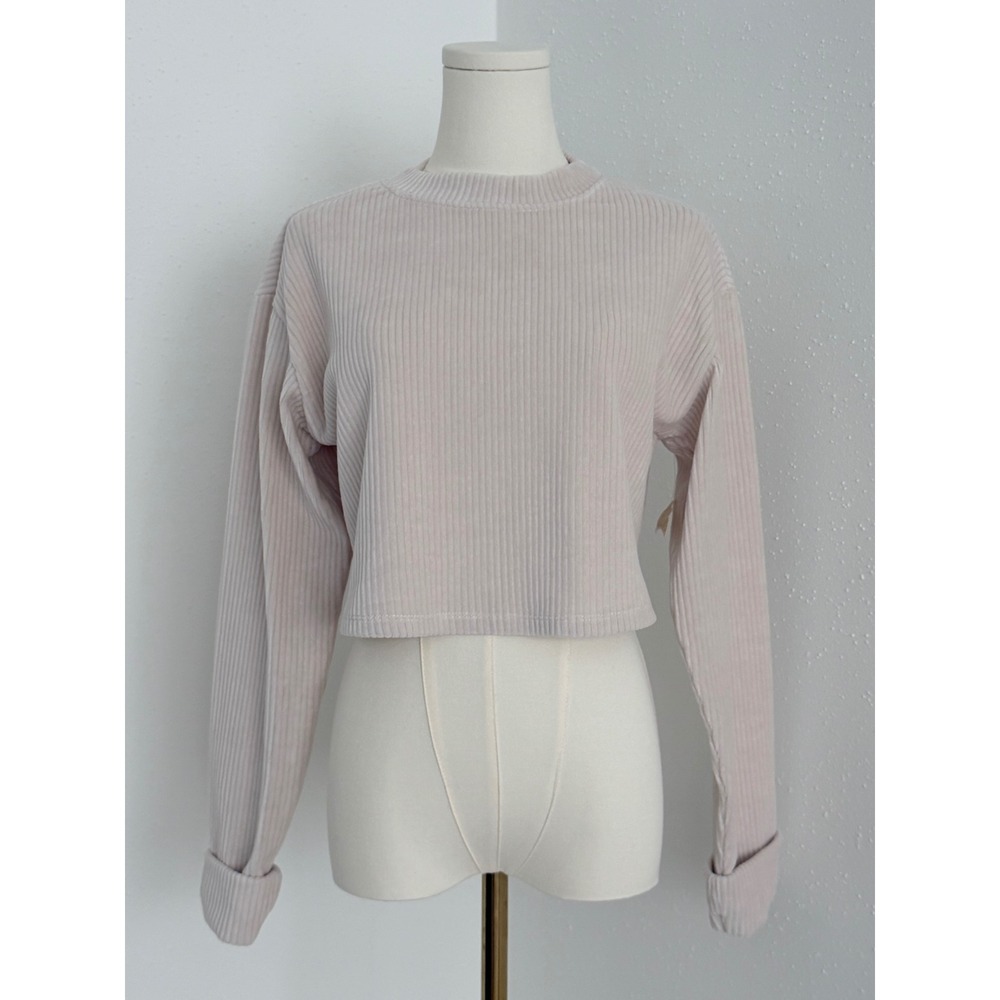 Altar'd State Cream Ribbed Mock Neck Cropped Long Sleeve Top Minimalist NWT (S)
